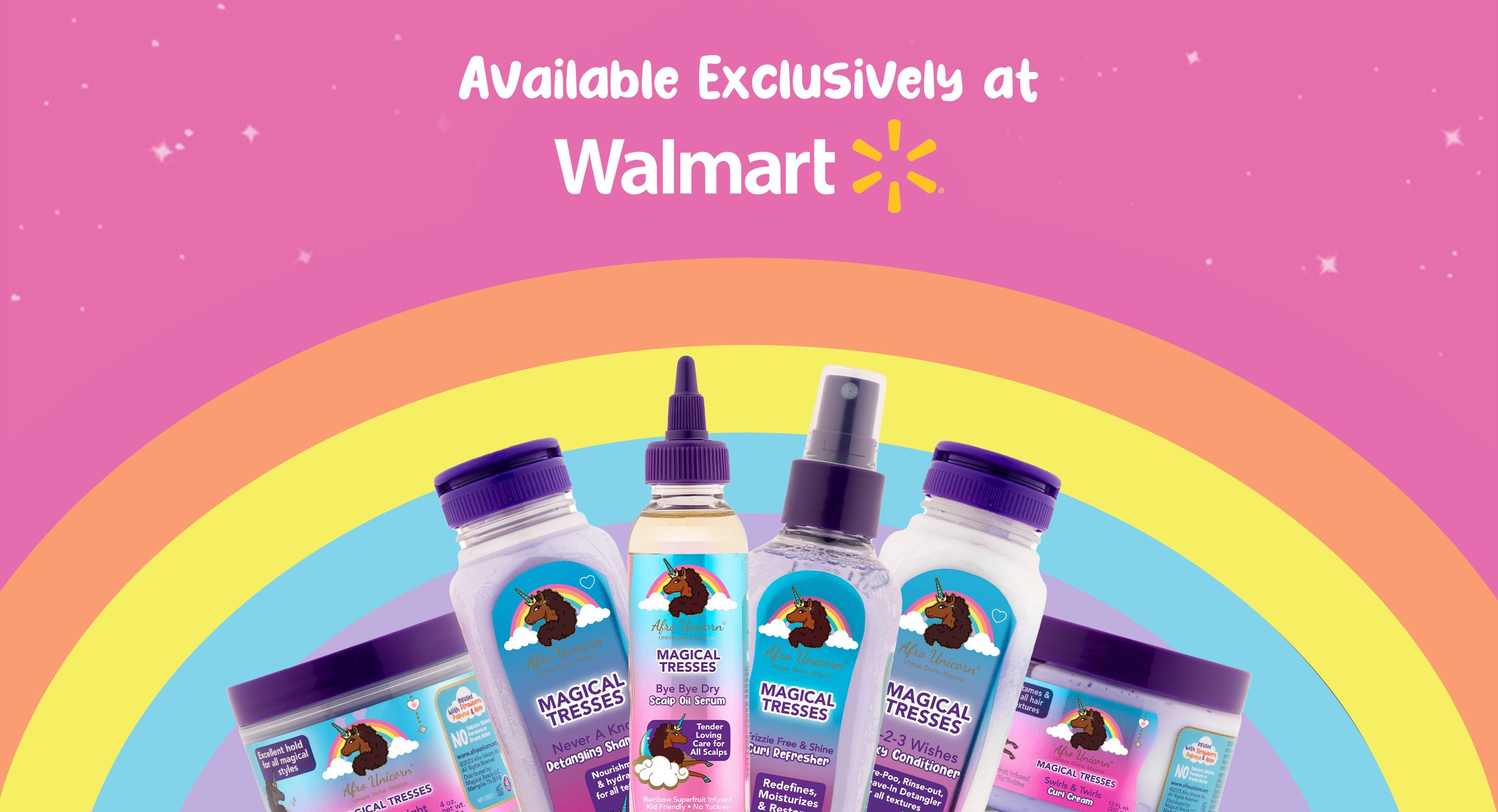 Afro Unicorn available exclusively at Walmart banner with products and rainbow.
