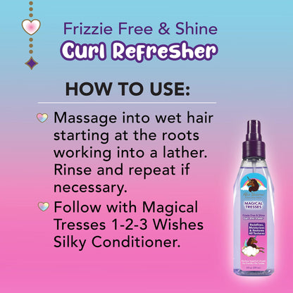 Afro Unicorn Frizzie Free & Shine Curl Refresher how to use label.