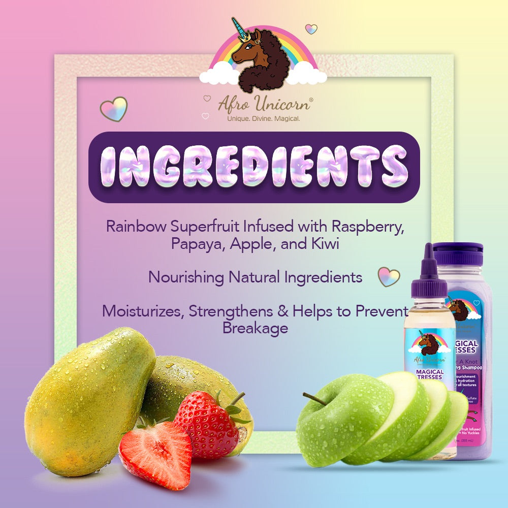 An image graphic of fruits & ingredients for Afro Unicorn products.
