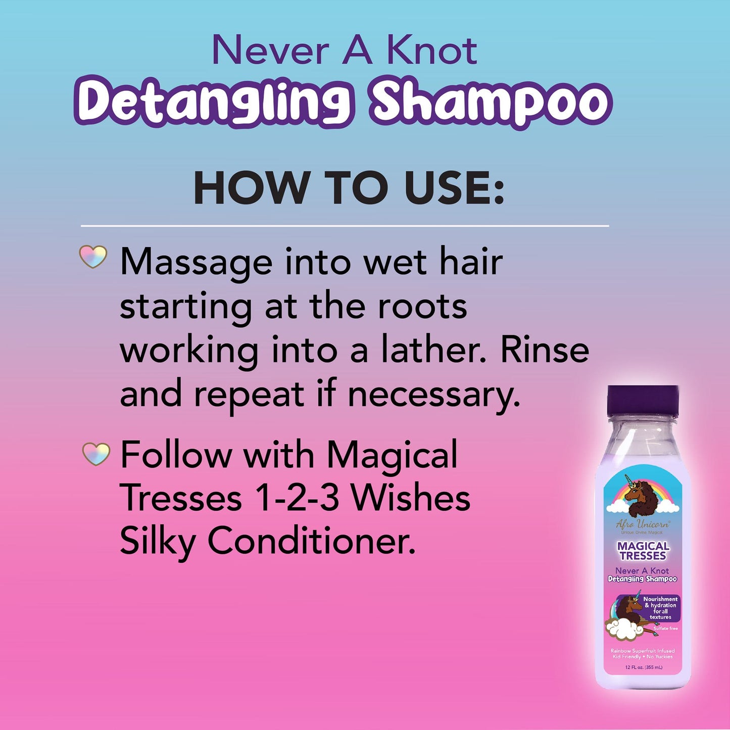 Afro Unicorn Never a Knot Detangling Shampoo how to use label.