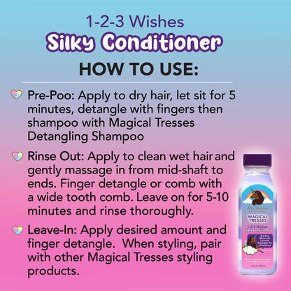 Afro Unicorn 1-2-3 Wishes Silky conditioner how to use label.