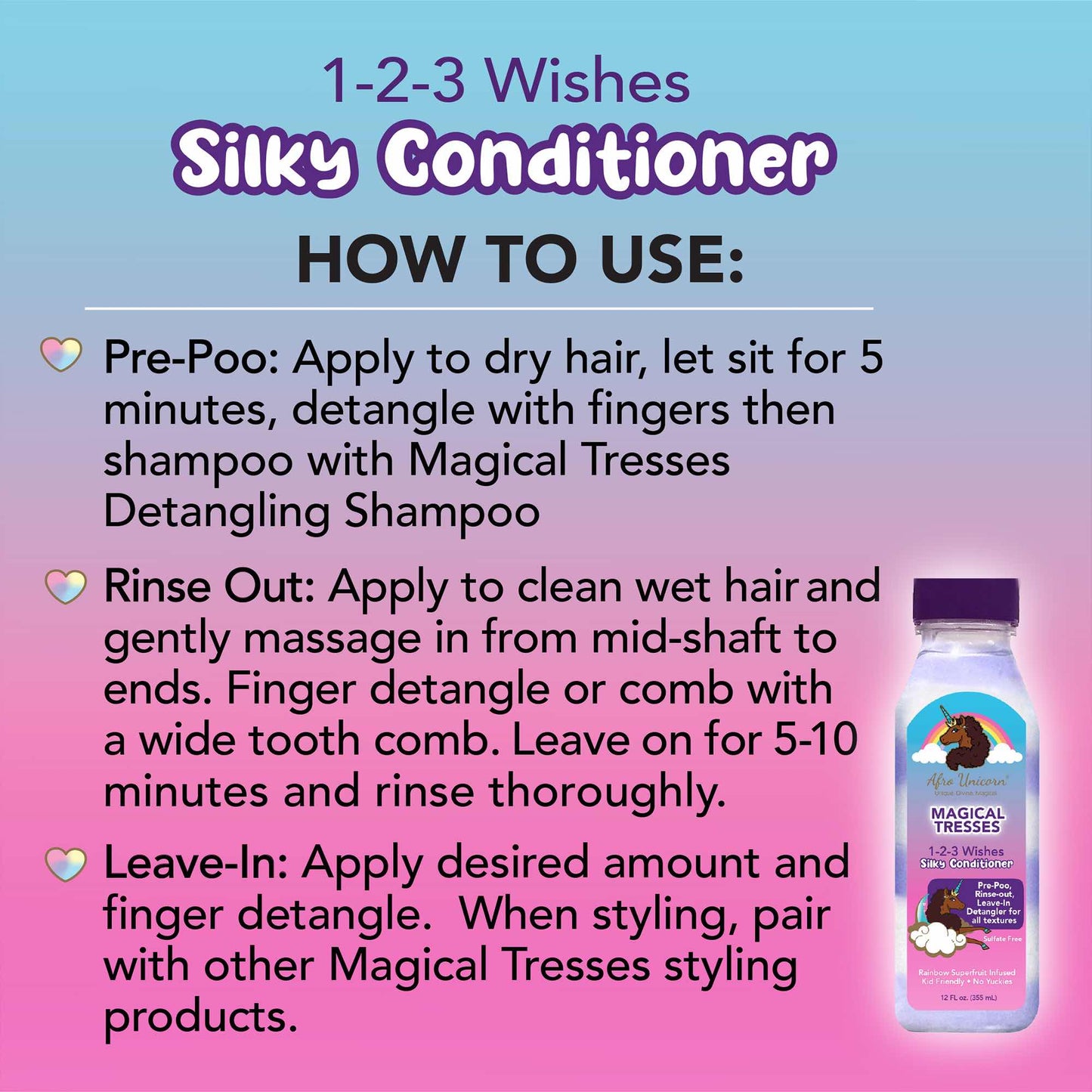 Afro Unicorn 1-2-3 Wishes Silky conditioner how to use label.